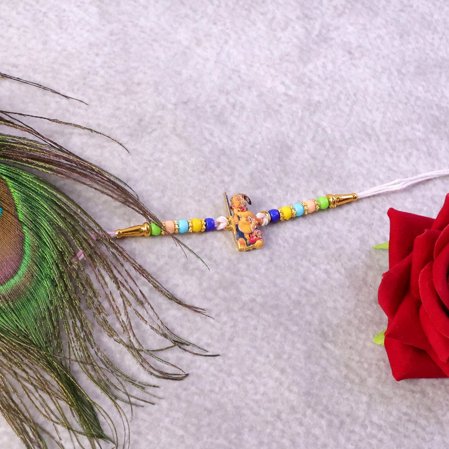 Close-up of colorful beaded Hanuman Ji Rakhi