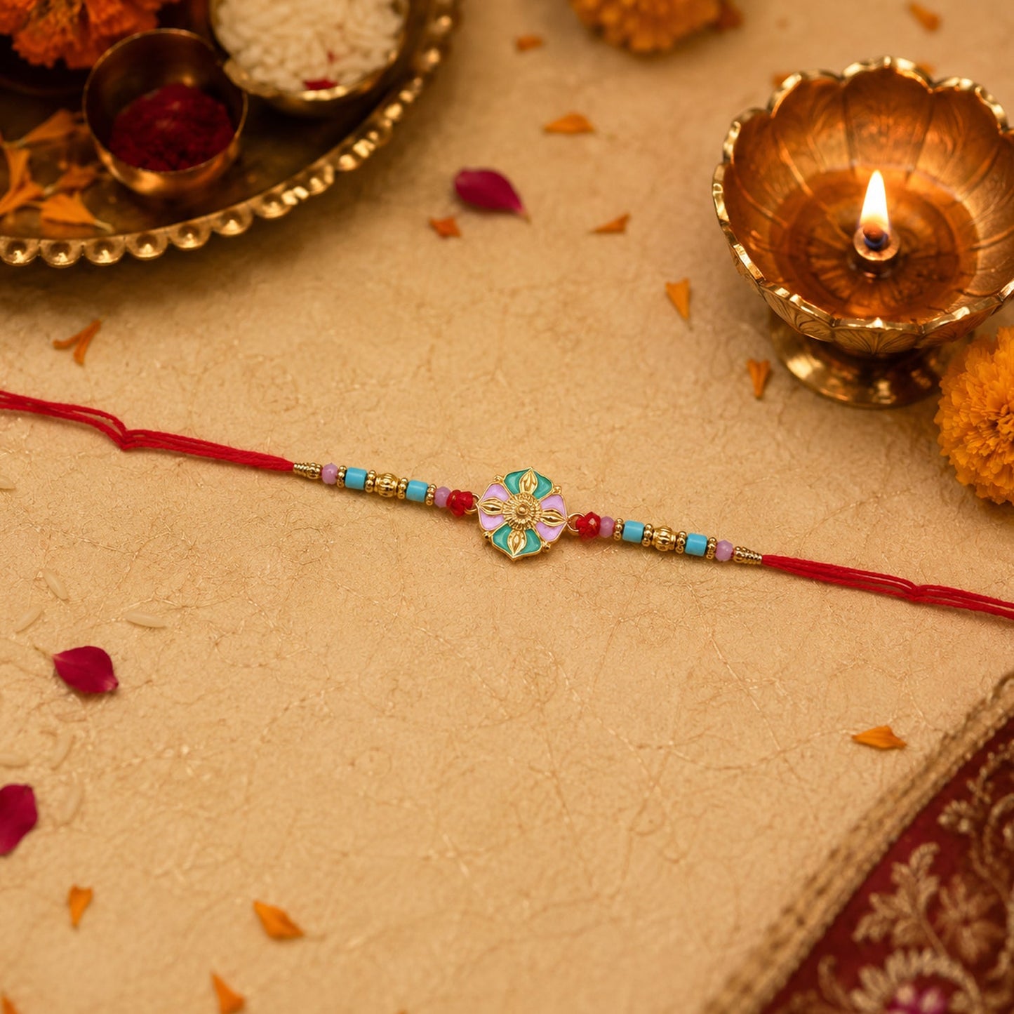 Colorful bead rakhi with stylish flower centerpiece for brothers