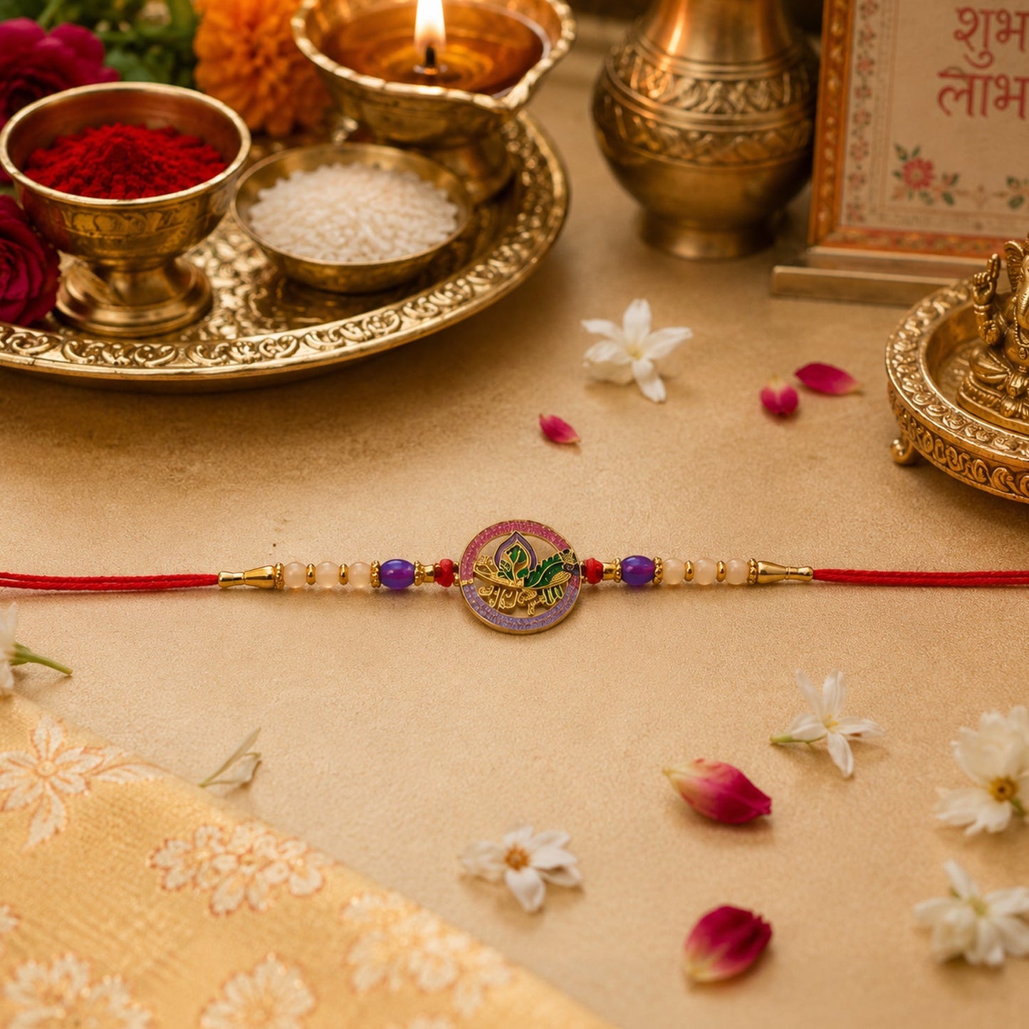 Festive colorful beads on traditional Rakhi design