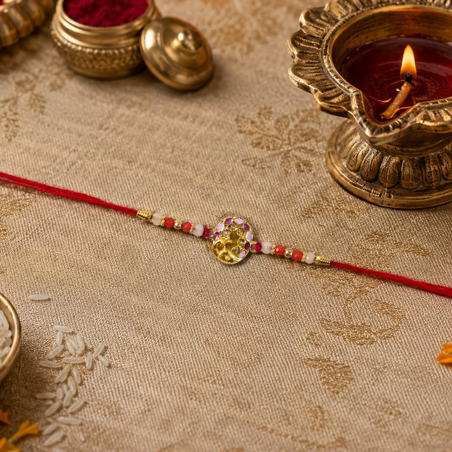 Elegant peacock-themed Rakhi displaying colorful beads and soft thread