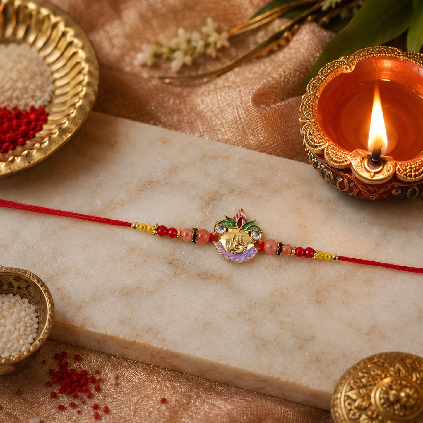 Ganesh centerpiece with vibrant beadwork on Rakhi