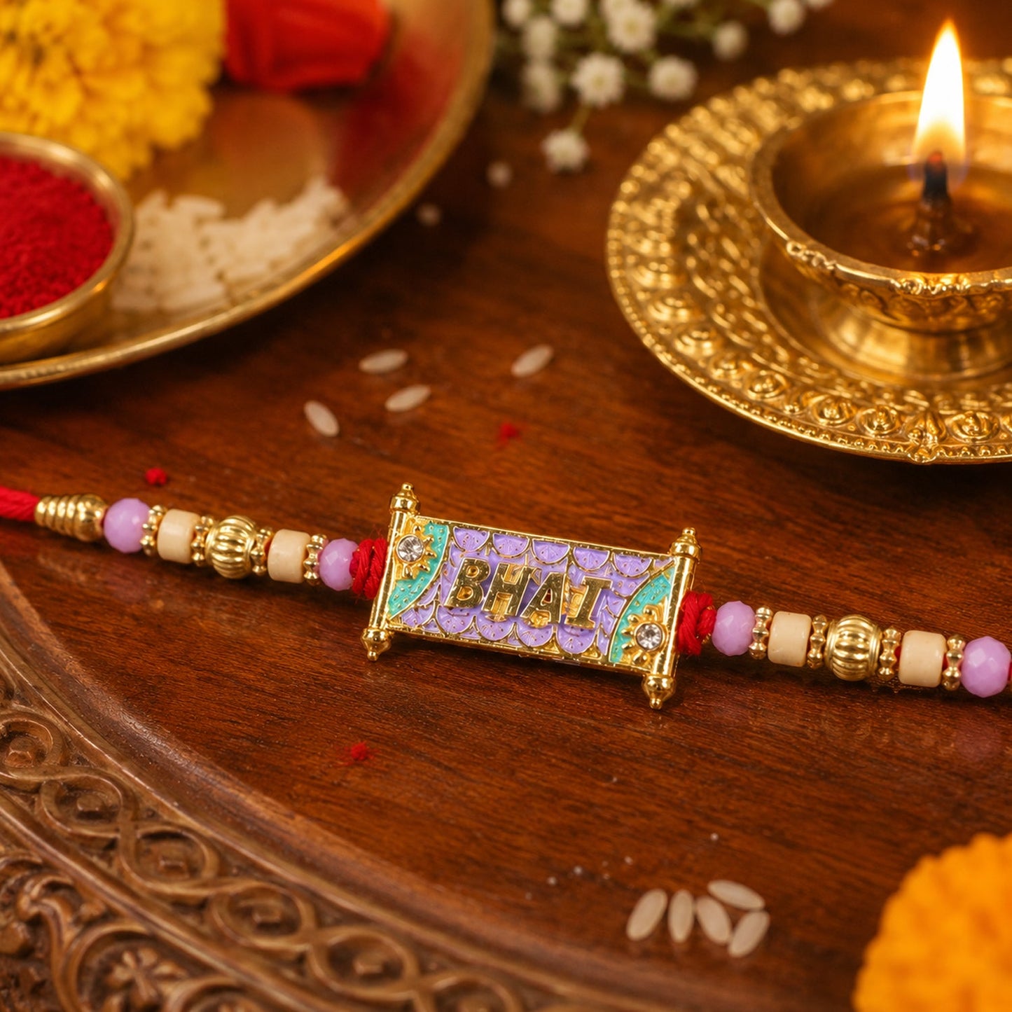 Close-up of colorful bead design on Rakhi for brother