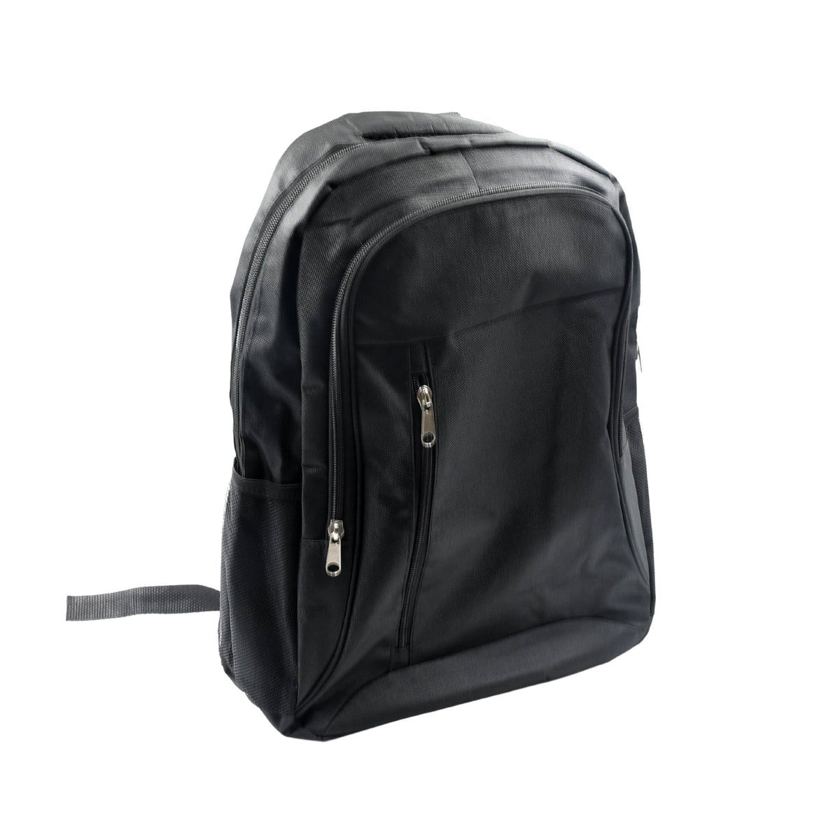A black fabric backpack with three front zippered pockets and mesh side pockets stands on a white background.