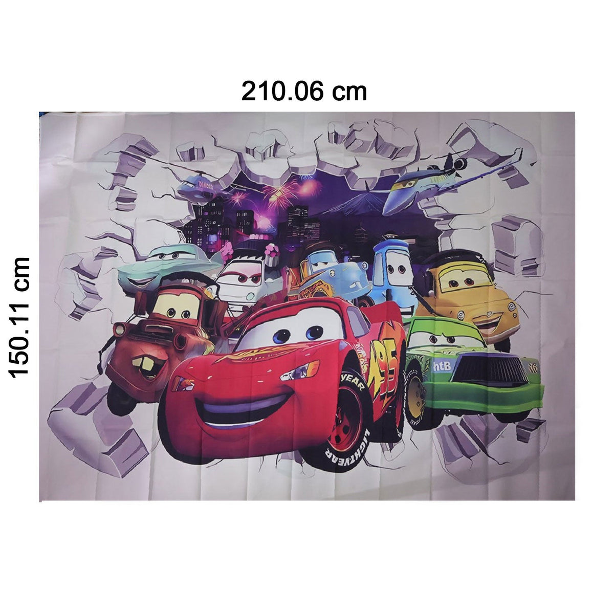 Cartoon racing car backdrop dimension guide with width and height arrows
