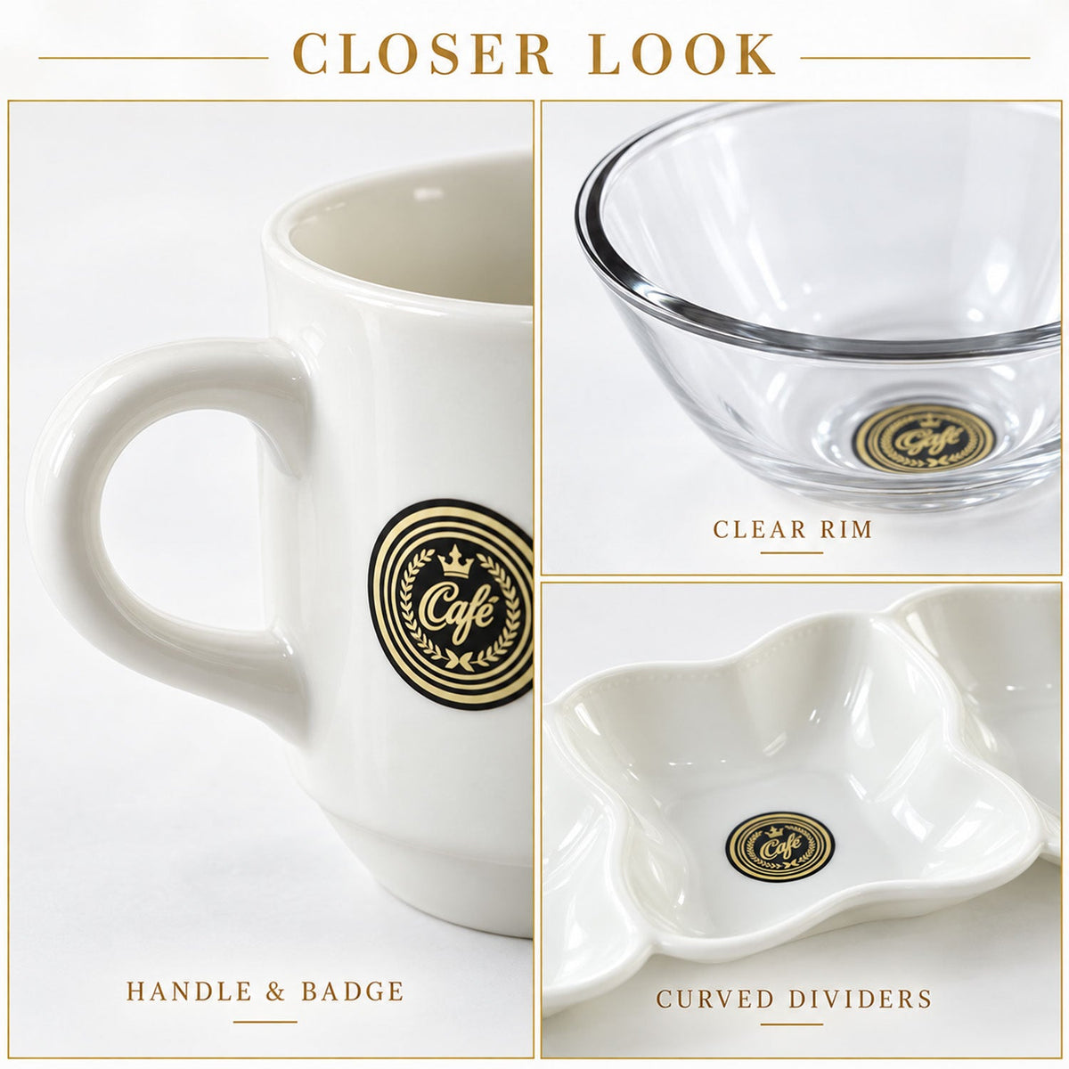 Detailed close-ups show the handle and badge of a white ceramic mug, the clear rim of a glass bowl, and the curved dividers