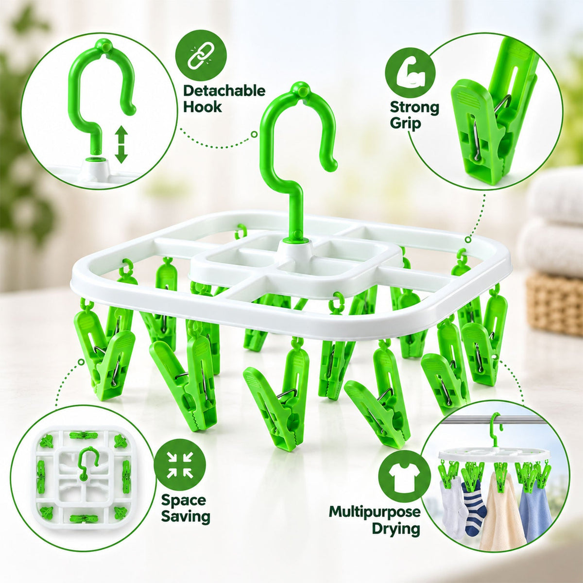 White and green drying rack with callouts for its detachable hook, strong grip, space-saving, and multipurpose use.