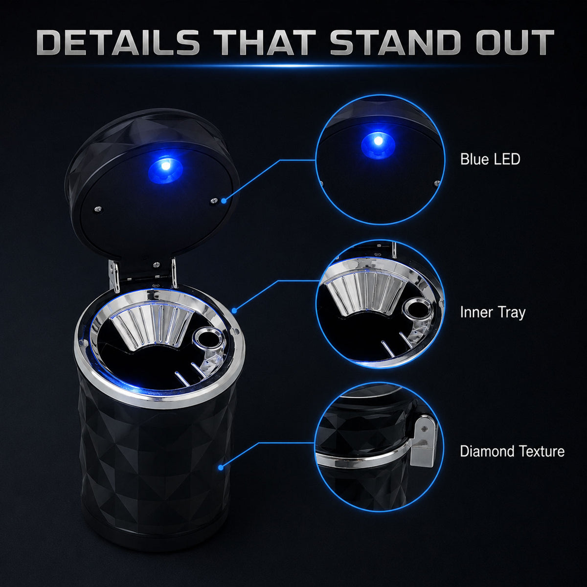 Car Cupholder LED Ashtray – Portable with Blue Light, Lid & Waste Bin, Cigarette Ashtray