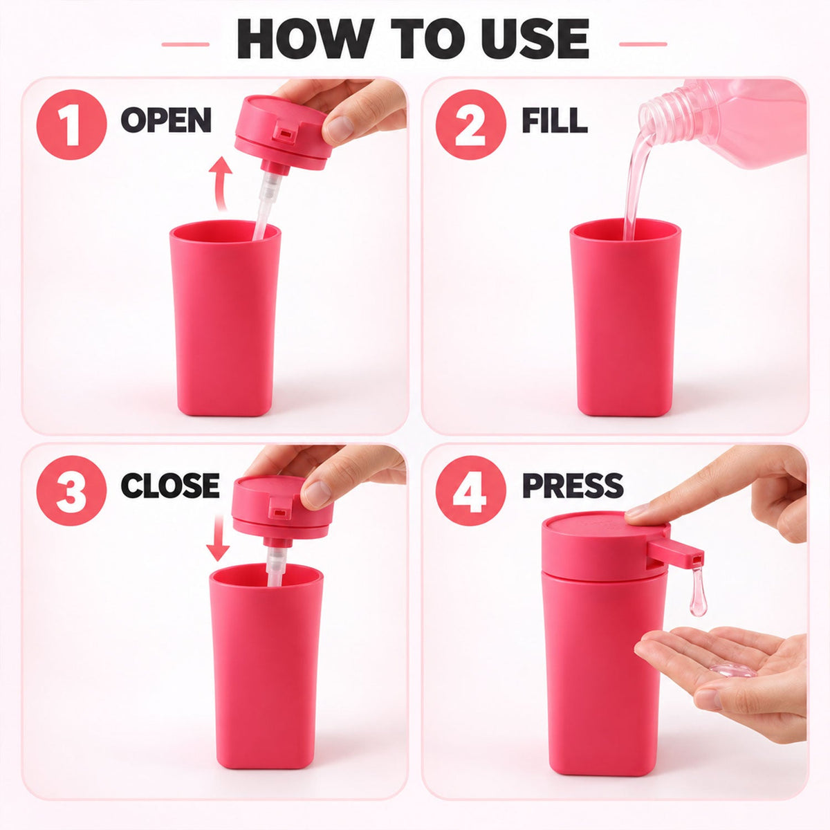 A four-step guide illustrates how to open, fill, close, and press the pink rectangular liquid dispenser for use.