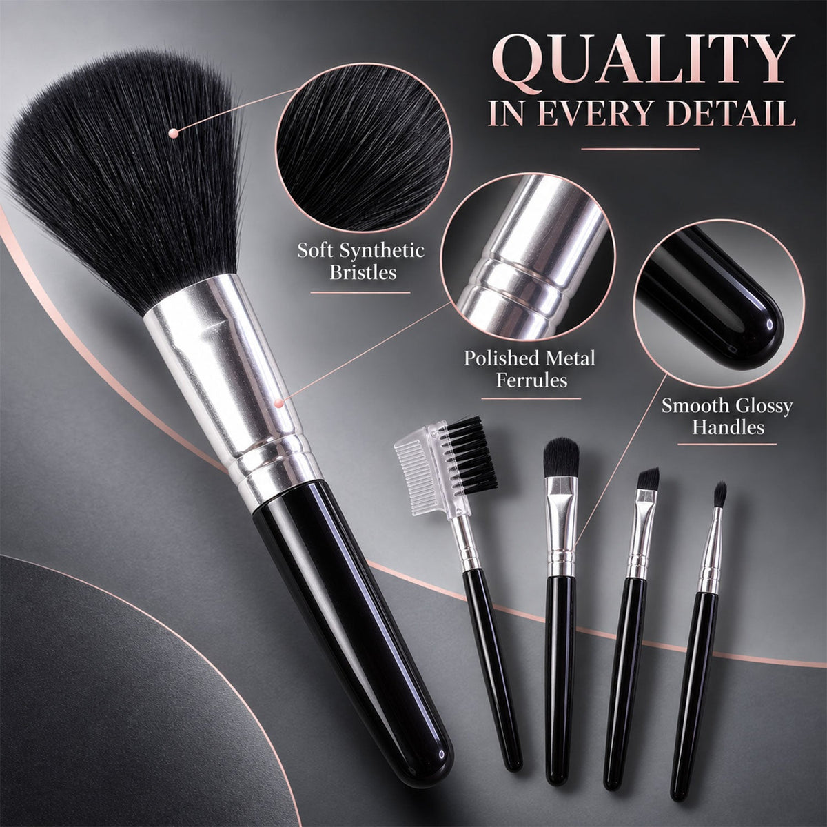 Mini Makeup Brush Set for Face Eye Brow and Lip Makeup with Compact Tools (5 Pc)