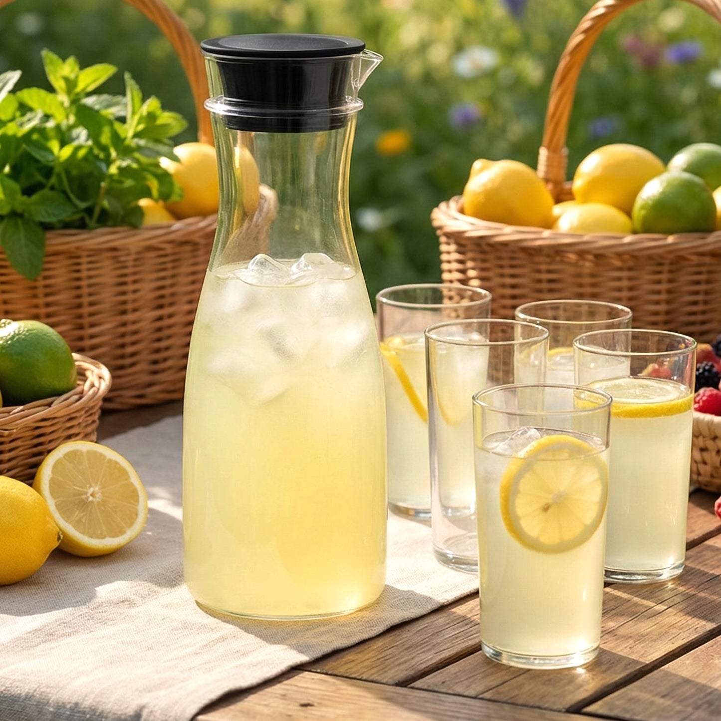 plastic jug 1000 ml with 6 drinking glasses set