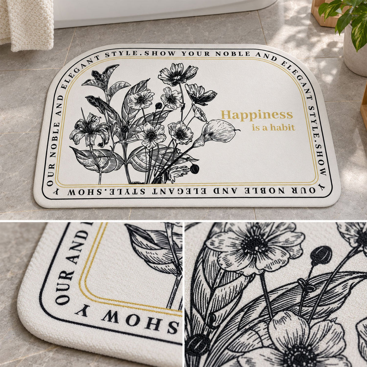 A half-round white mat with black floral print and golden quote, with close-ups of the texture and border details.