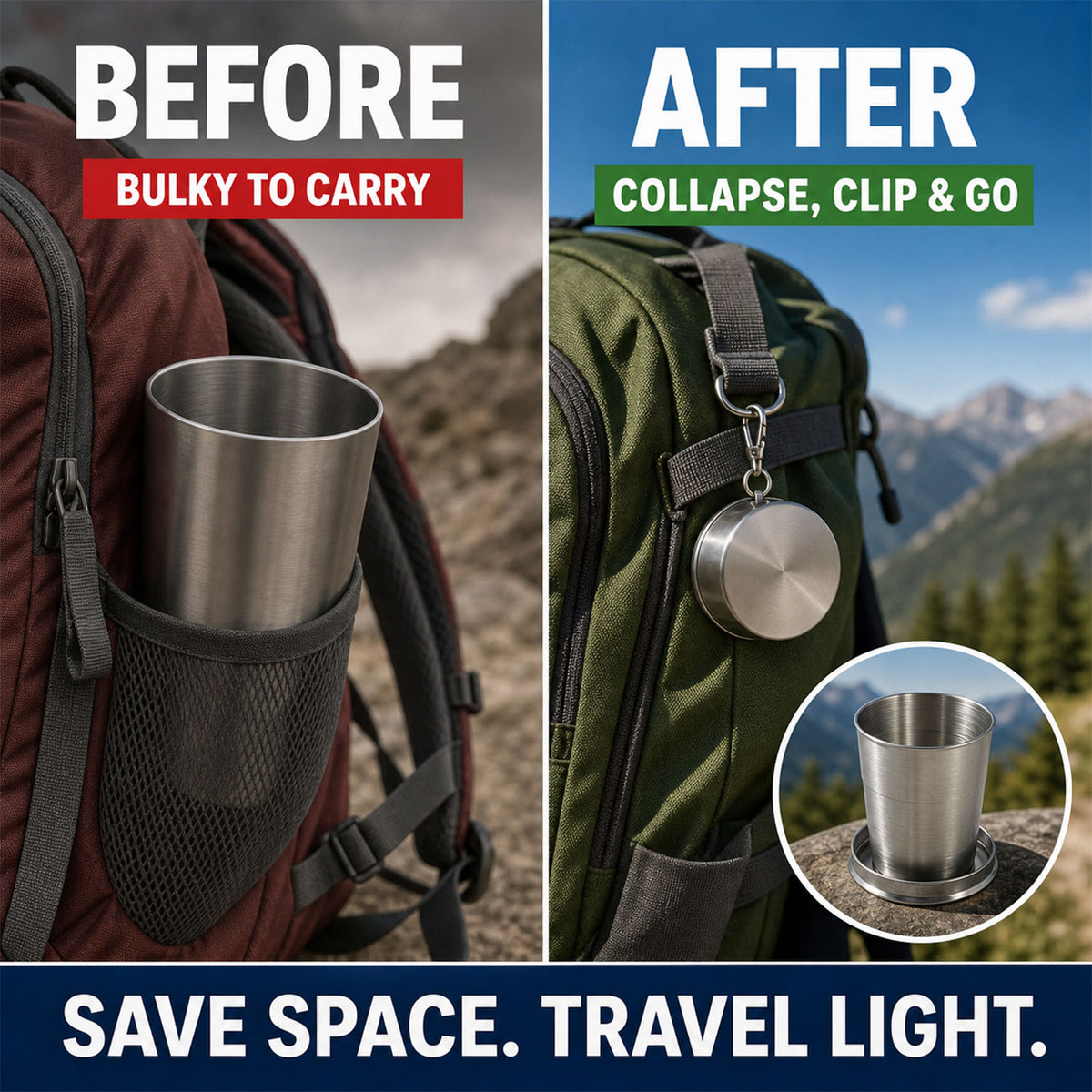 2 in 1 Camping Folding Cup with Keychain (1 Pc)