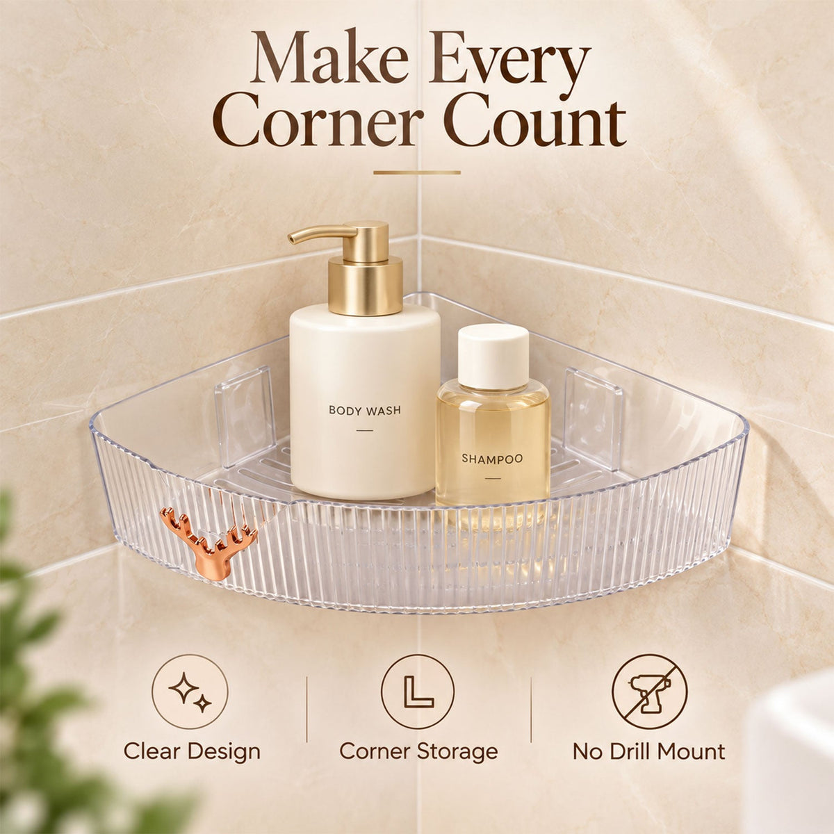 Transparent ribbed corner shelf on a tiled wall holding body wash and shampoo bottles, with feature icons below.