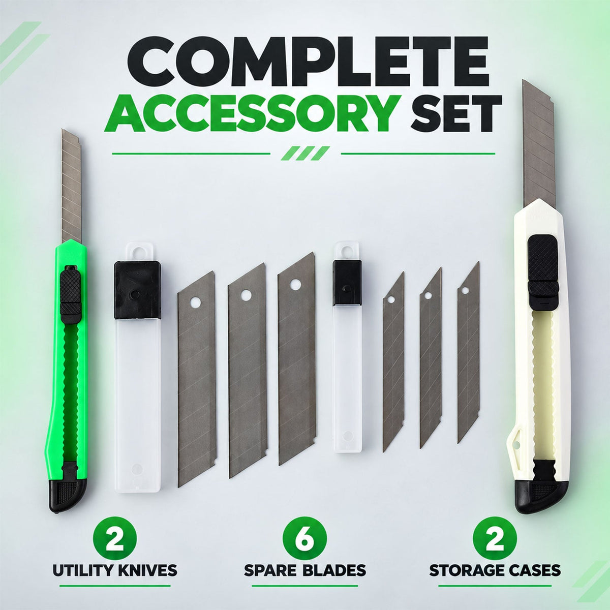 A green and a white utility knife, along with two blade storage cases, are sealed in retail packaging on a light wooden