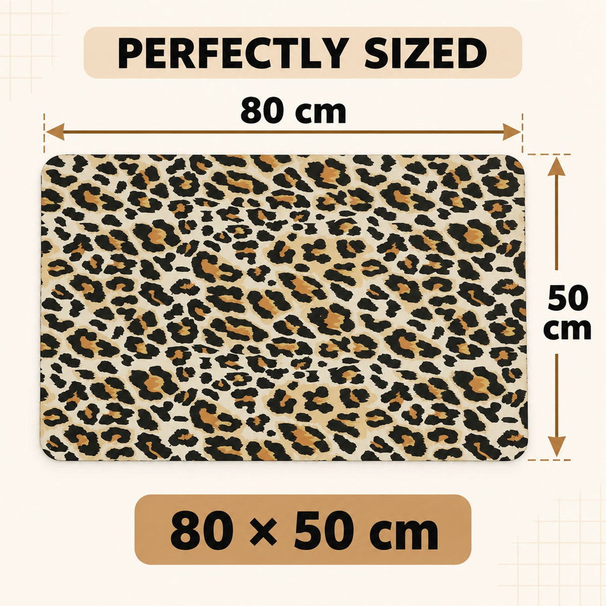 A leopard print bath mat with dimensions of 80 cm by 50 cm clearly indicated on a light background.