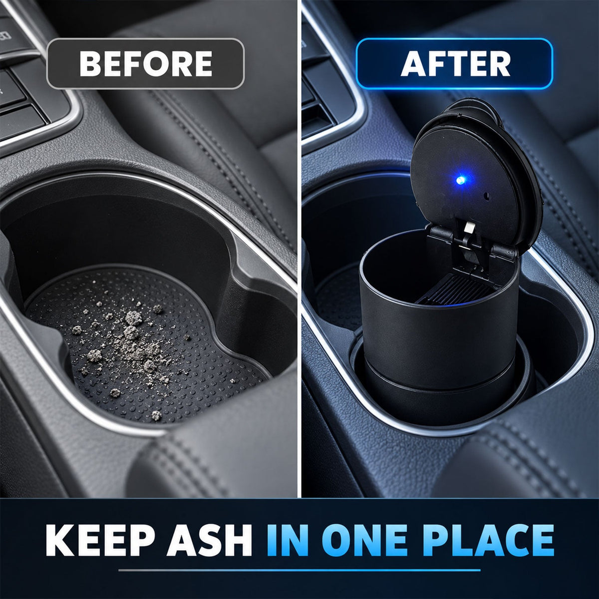A split image showing a car cup holder with ash before, and the ashtray in the cup holder with its lid open after.