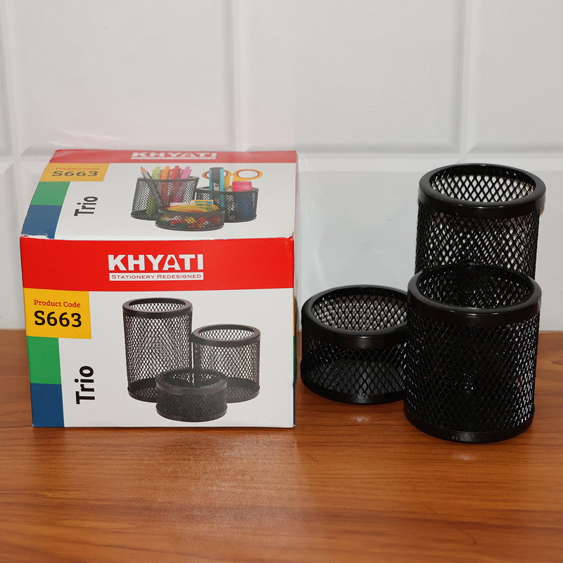 Khyati Trio Metal Mesh Pen Stand â€“ 3-in-1 Round Desk Organizer Set