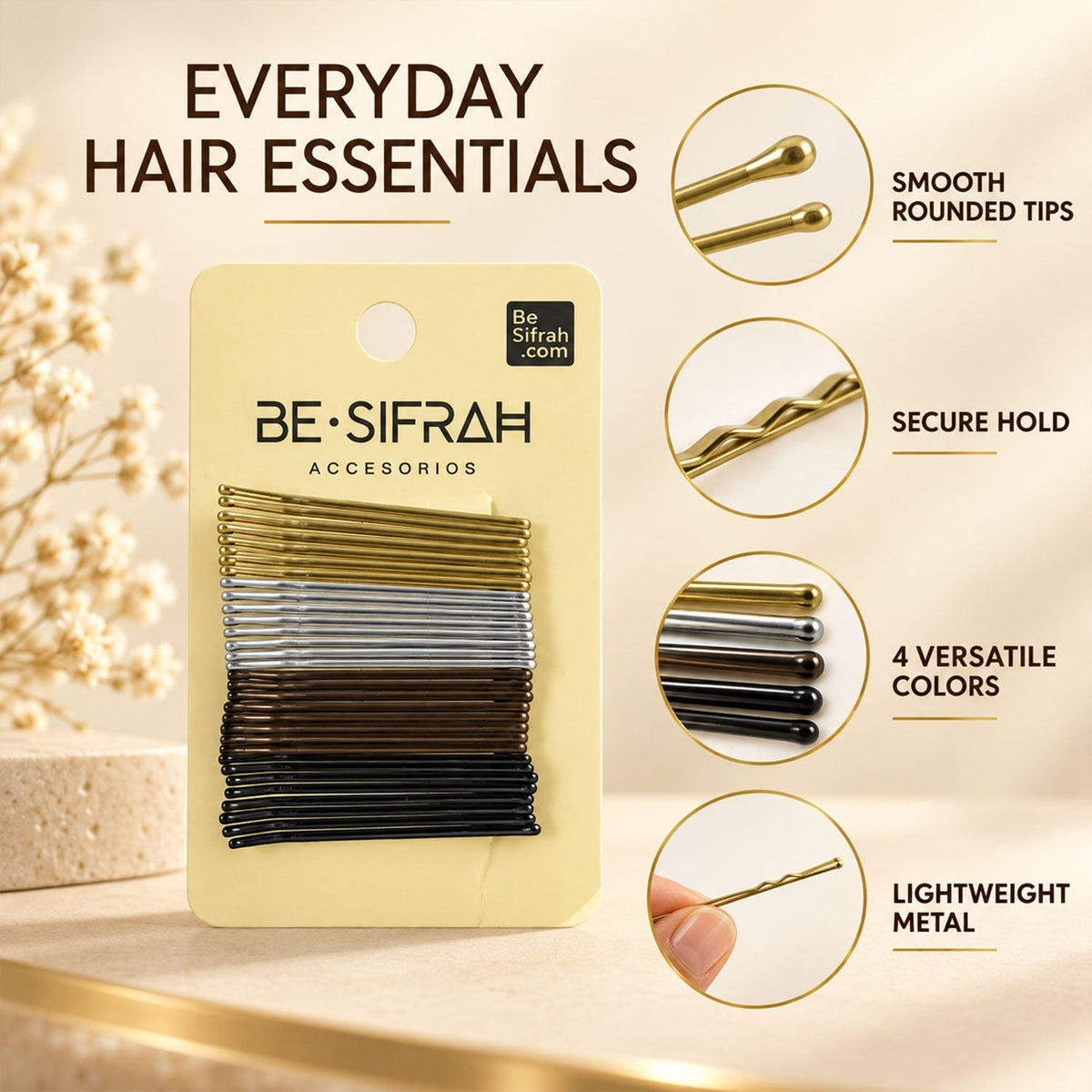 A yellow card of bobby pins is surrounded by text highlighting smooth rounded tips, secure hold, and four versatile colors.