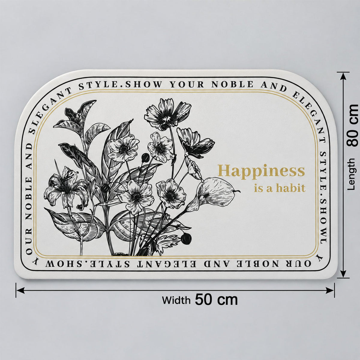 A half-round white mat with black floral design and golden quote, showing its length and width dimensions.
