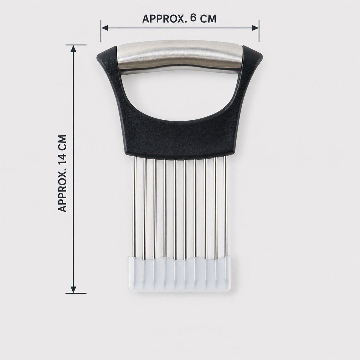 A black and silver onion holder with a white protective guard, showing its approximate dimensions of 6 cm by 14 cm.