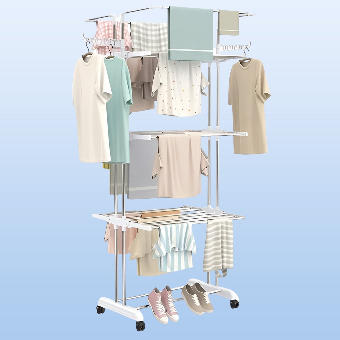3-Tier Foldable Stainless Steel Cloth Drying Stand with Wheels