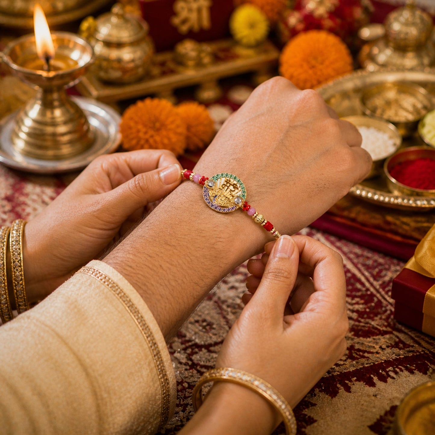 Detailed shot of the stylish centerpiece on the Rakhi