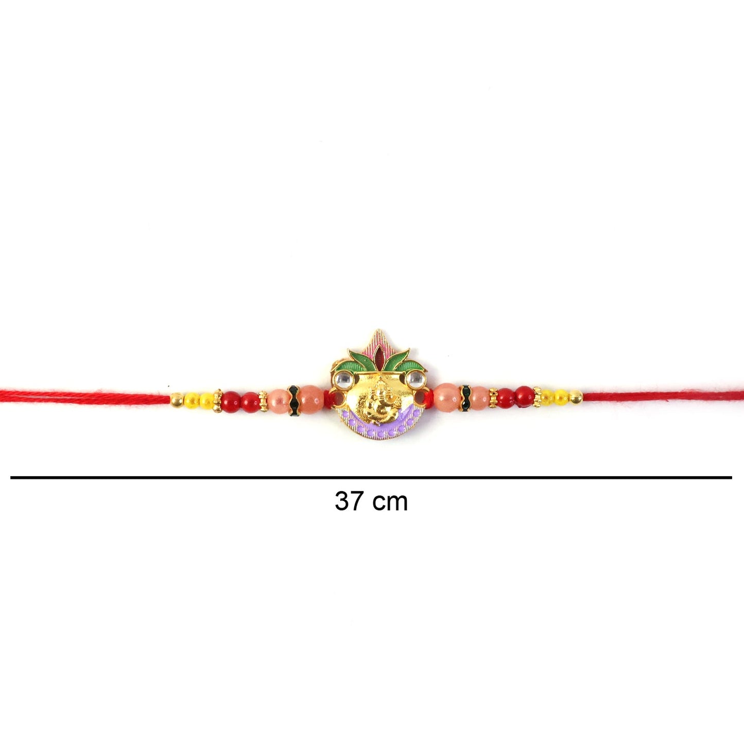 Close-up of soft thread and bead details on Ganesh Rakhi