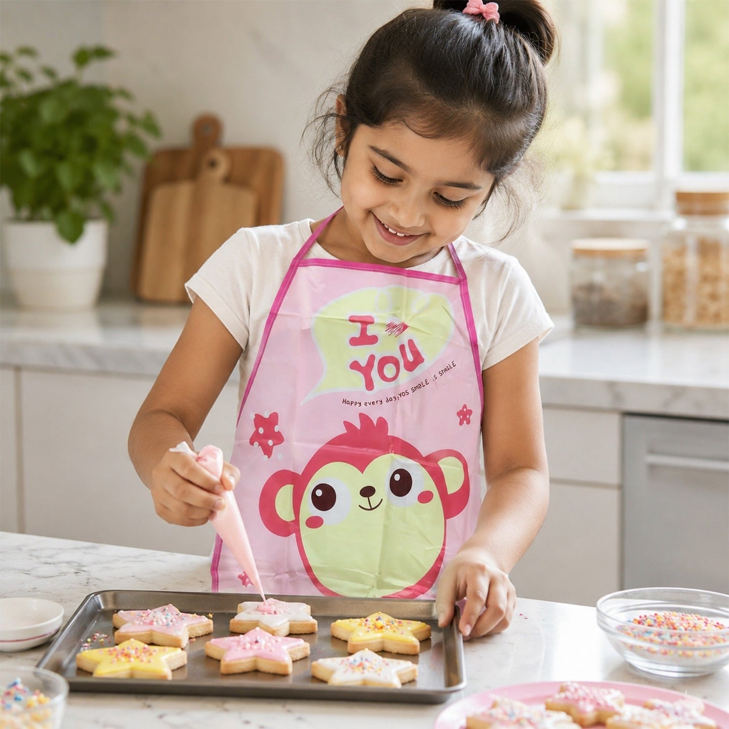 Close up of the cartoon print apron fabric