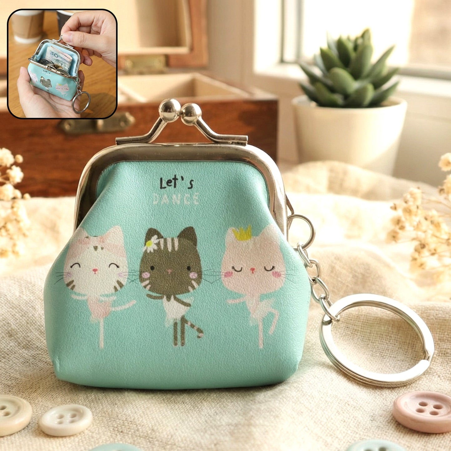 Cute Cartoon Cat Printed Mini Coin Purse Keychain (1 Pc)