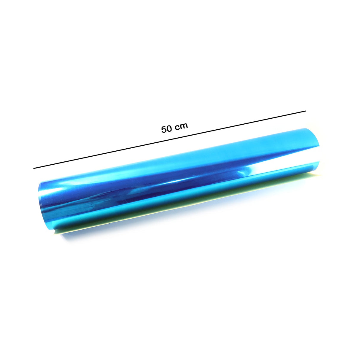 A rolled-up sheet of shiny blue mirror film with a 50 cm measurement line.
