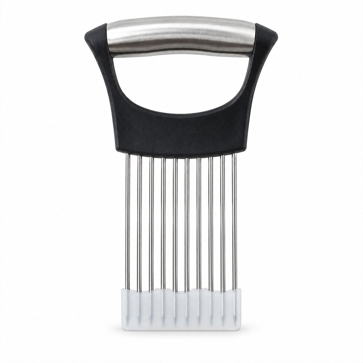 A black and silver onion holder with a white protective guard covering the prongs, centered on a white background.