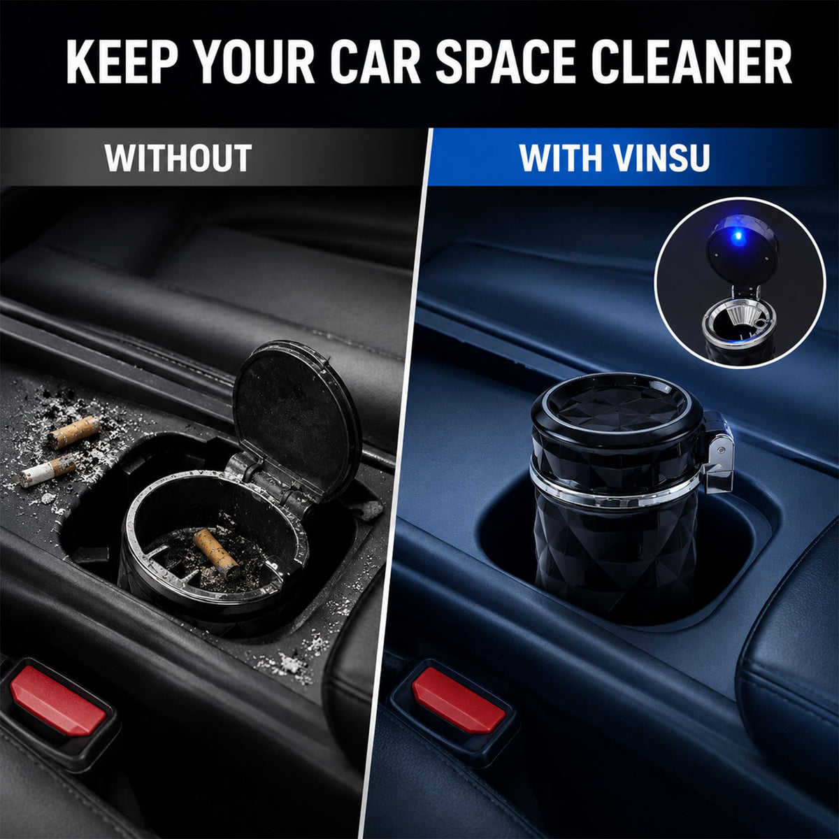 Car Cupholder LED Ashtray – Portable with Blue Light, Lid & Waste Bin, Cigarette Ashtray