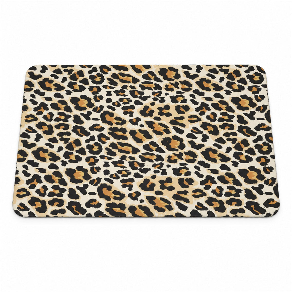 A rectangular bath mat with a vibrant leopard print pattern on a plain white background.
