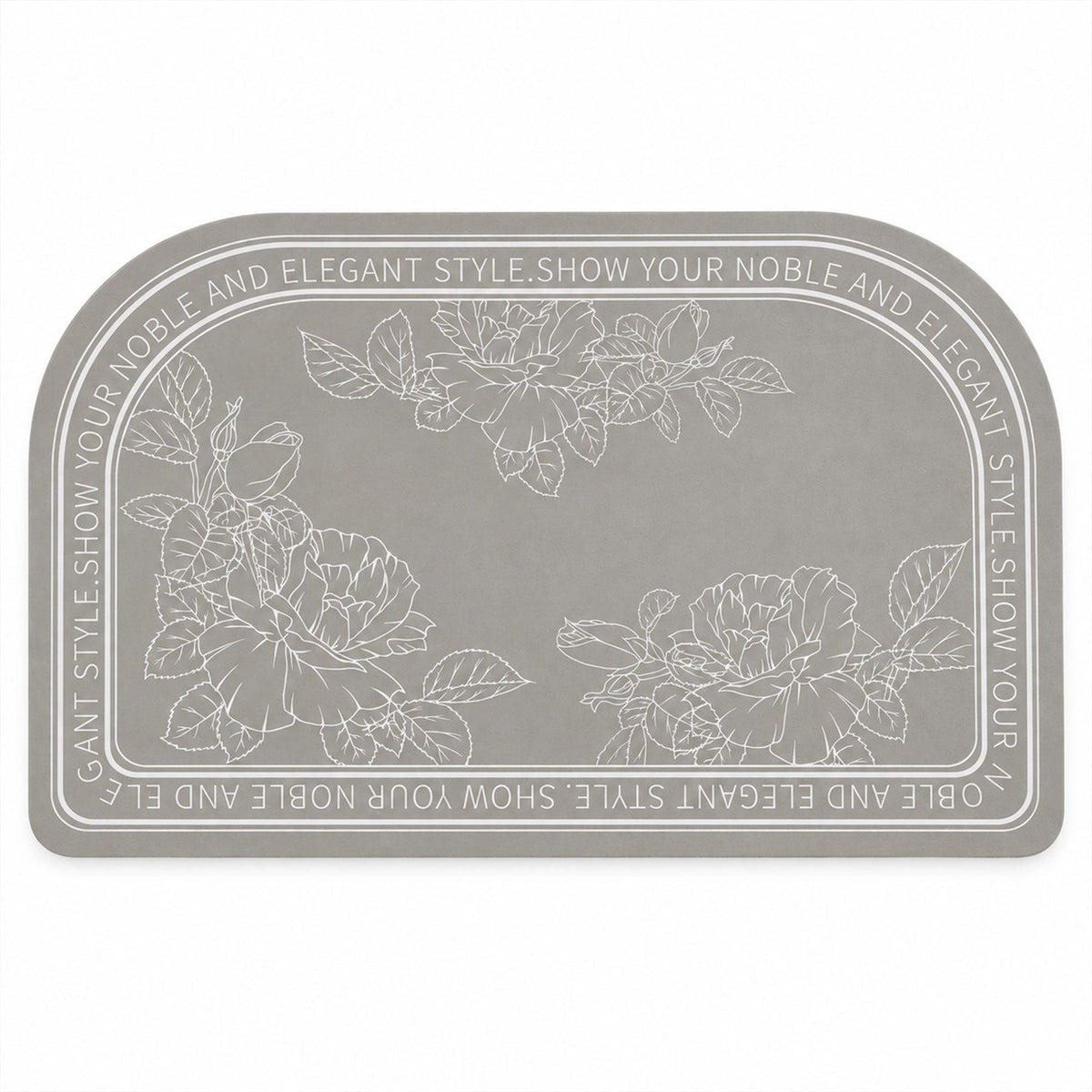 A gray half-round mat with white line-art floral patterns and decorative text on a solid background.