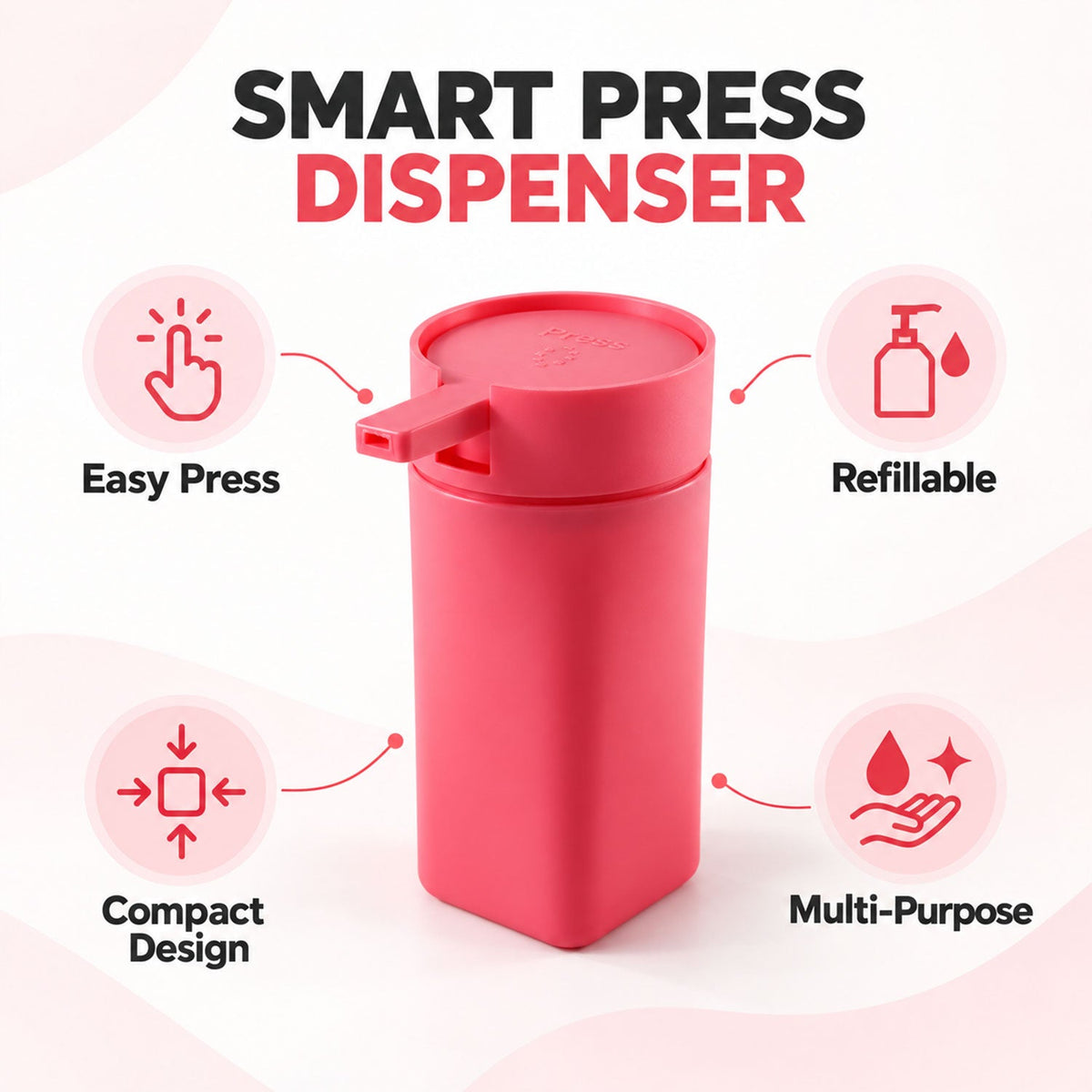 A pink rectangular dispenser is surrounded by icons representing its easy press, refillable, compact design, and