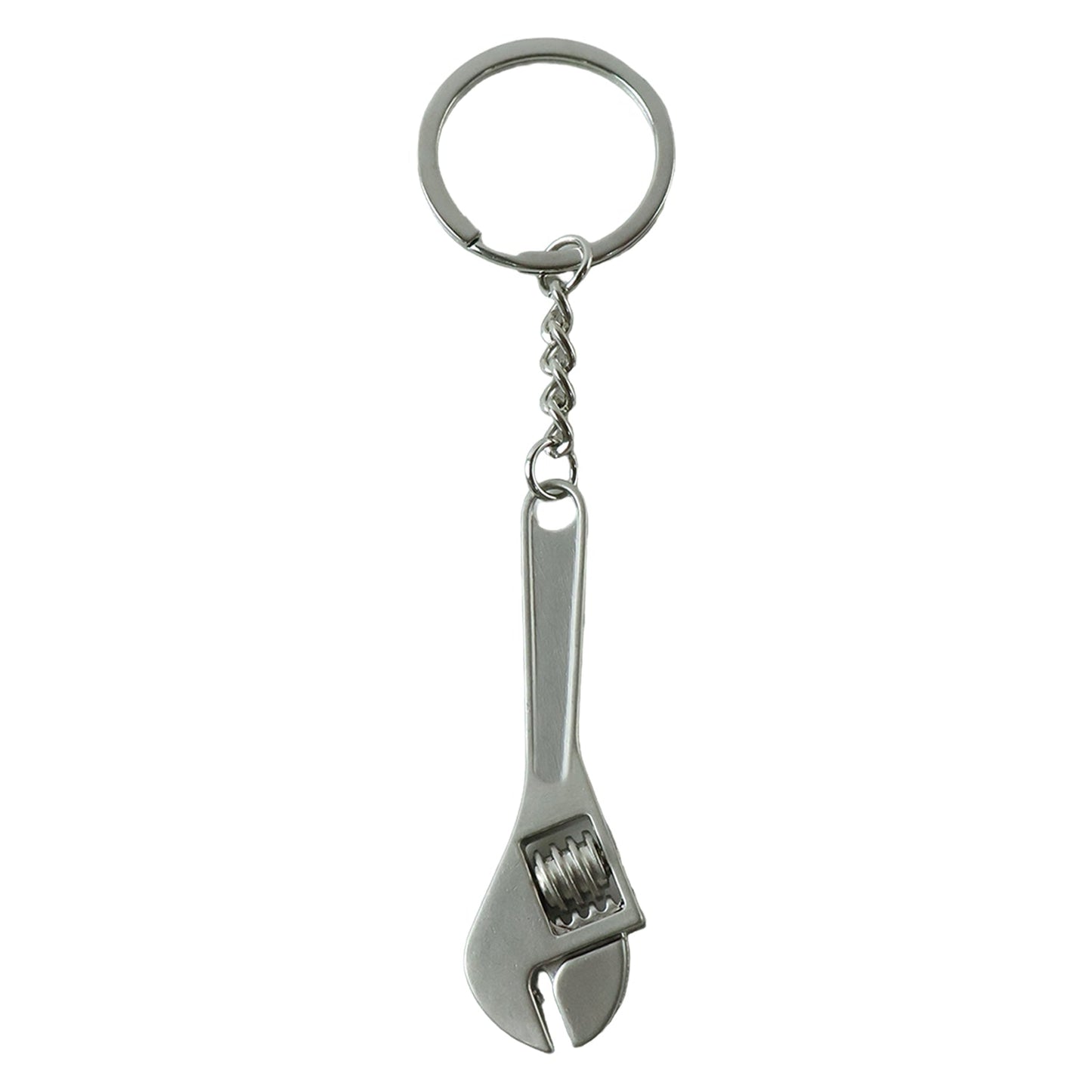 A silver metal mini adjustable wrench keychain with a key ring and chain is centered against a plain white background.