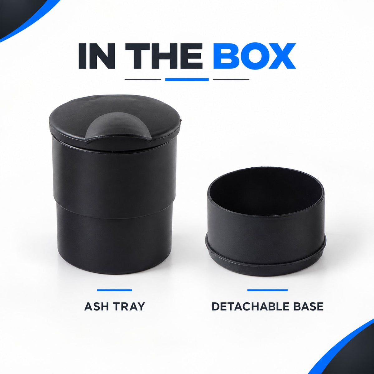 A black car ashtray with its lid closed and its detachable base separated, displayed side by side.