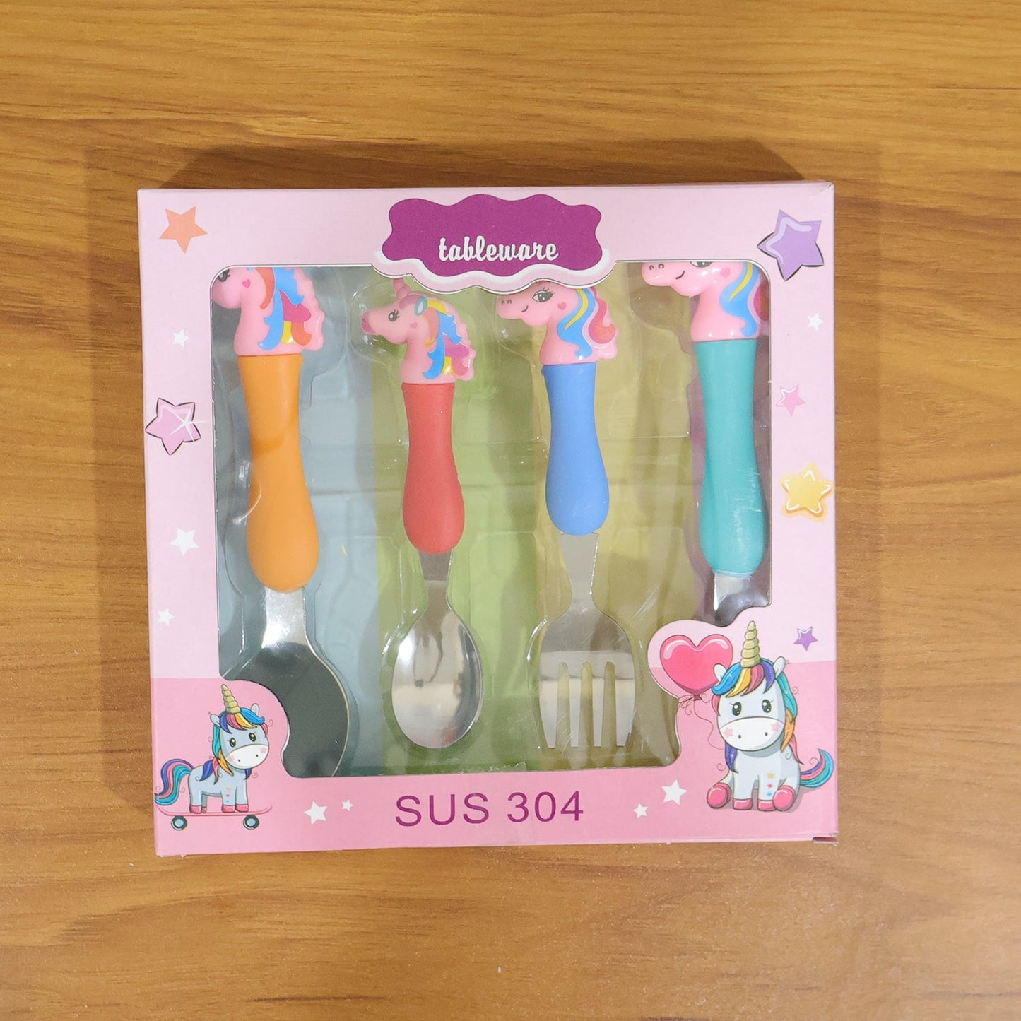 Unicorn Theme Kids Spoon and Fork With Plastic Handle Set (4 Pc Set)