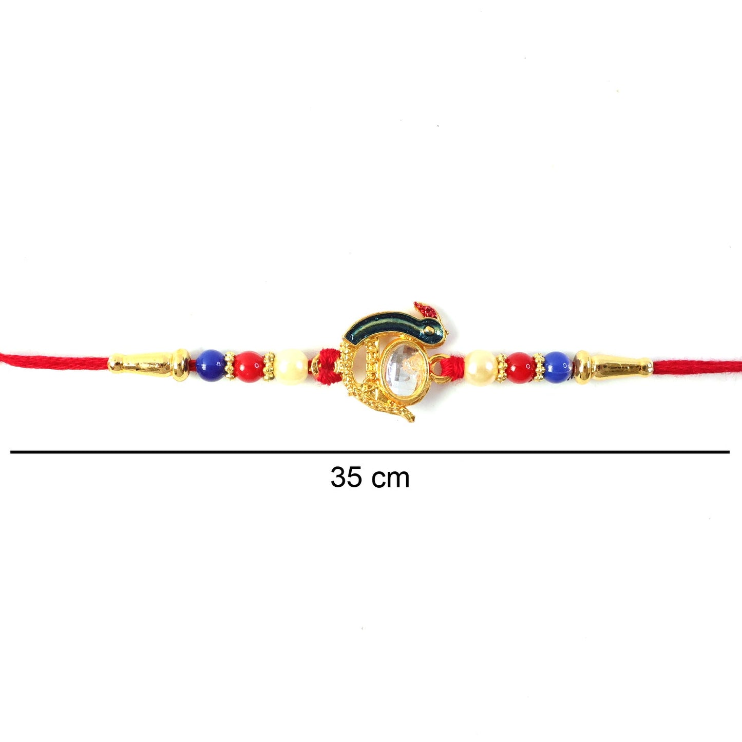 Side view of elegant stone-studded Rakhi with golden beads