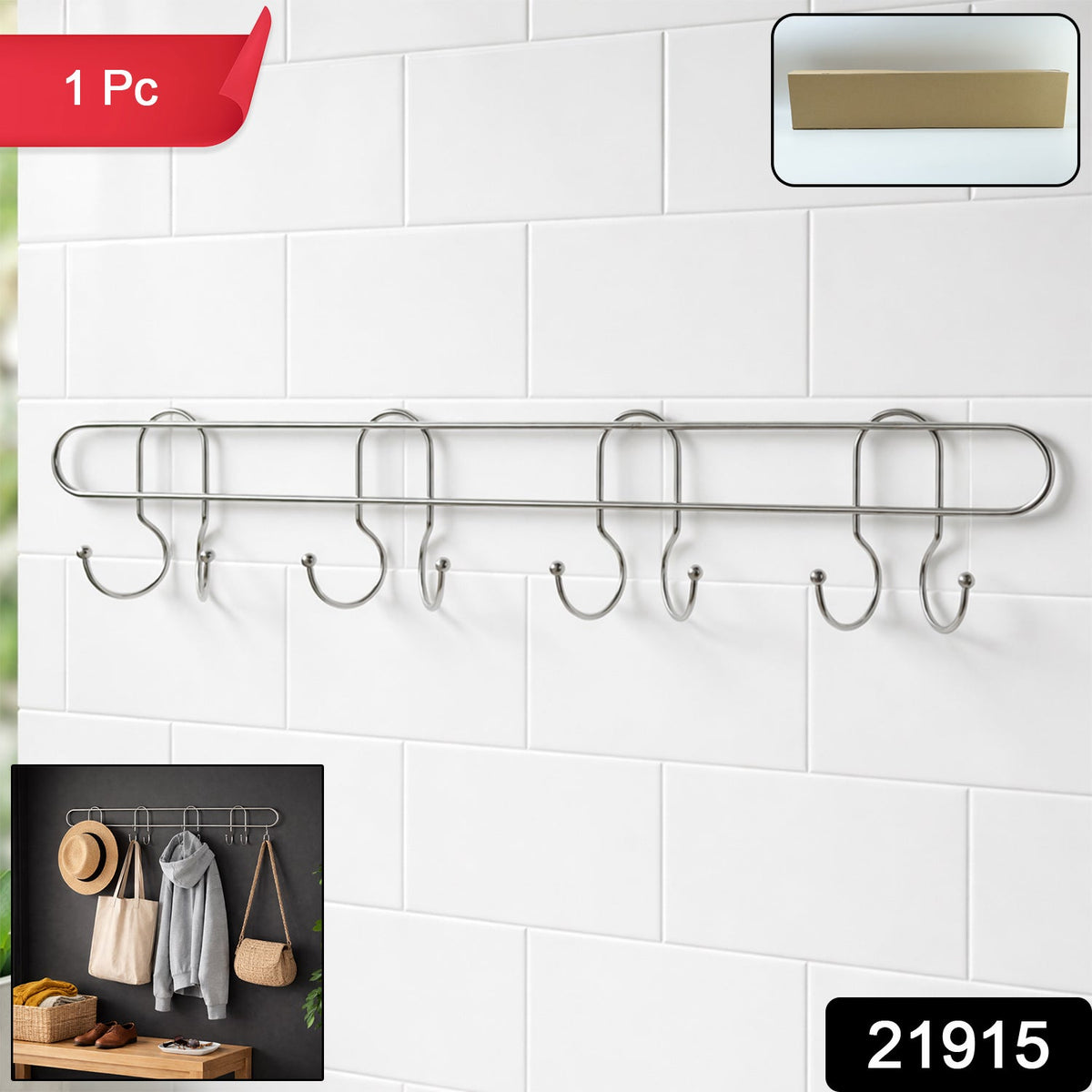 Long Stainless Steel Multi Hook Rack for Home Wall, Clothes and Bags (1 Pc)