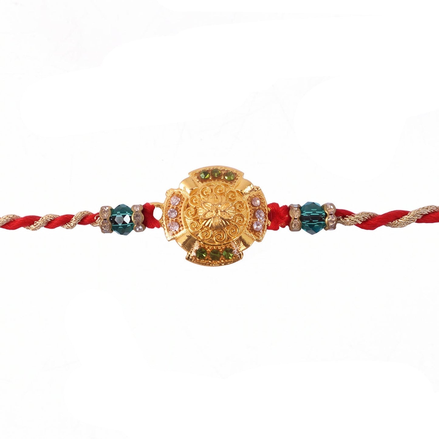 Traditional gold floral Rakhi with green stones and gold design.