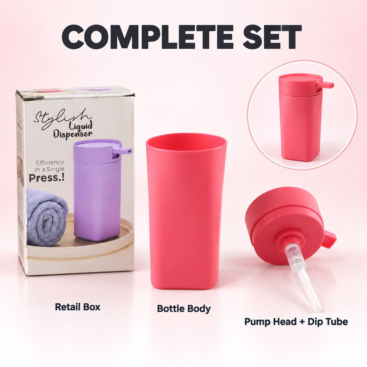 Detail of the base and stable upright design of the coral pink dispenser