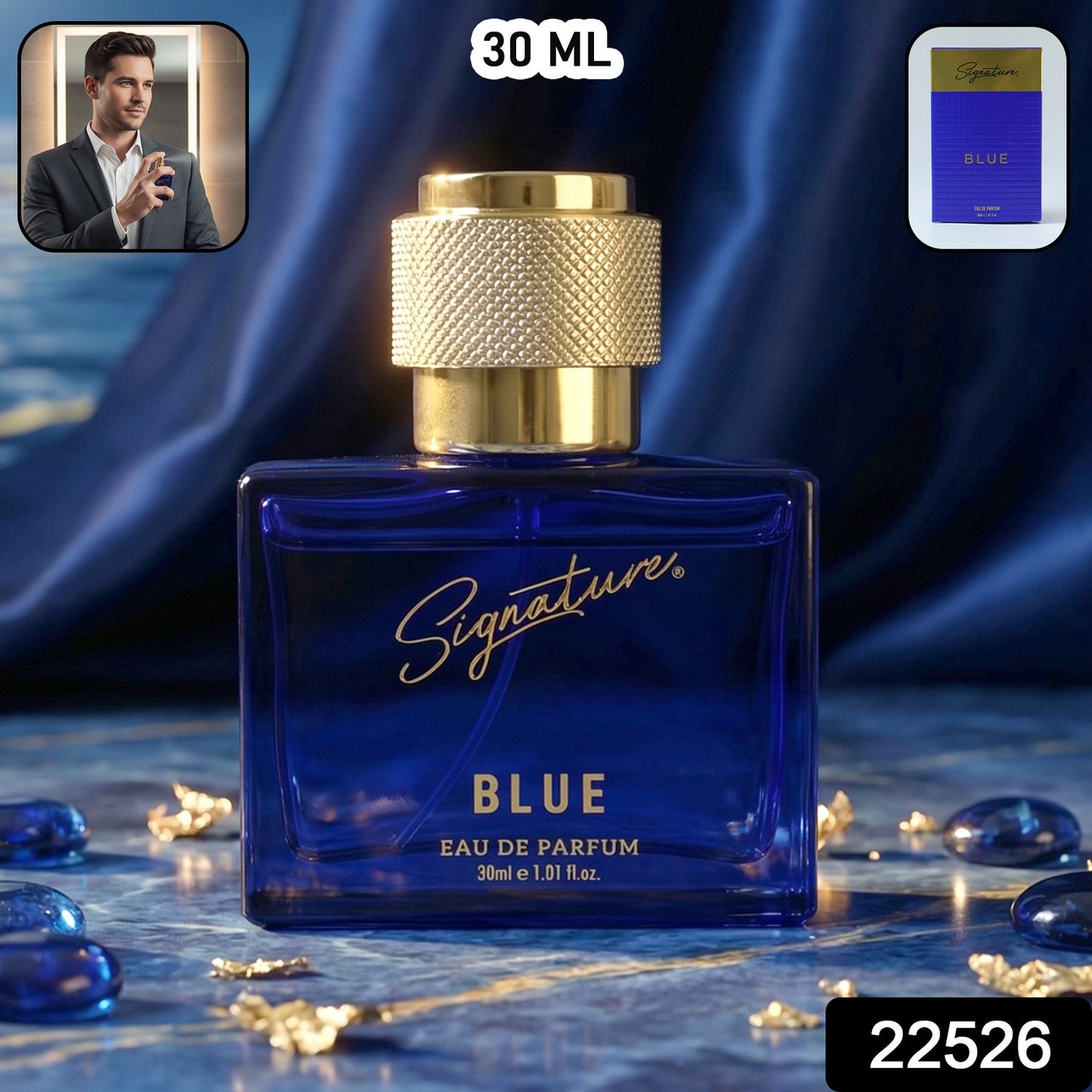 Signature blue perfume bottle packaging design