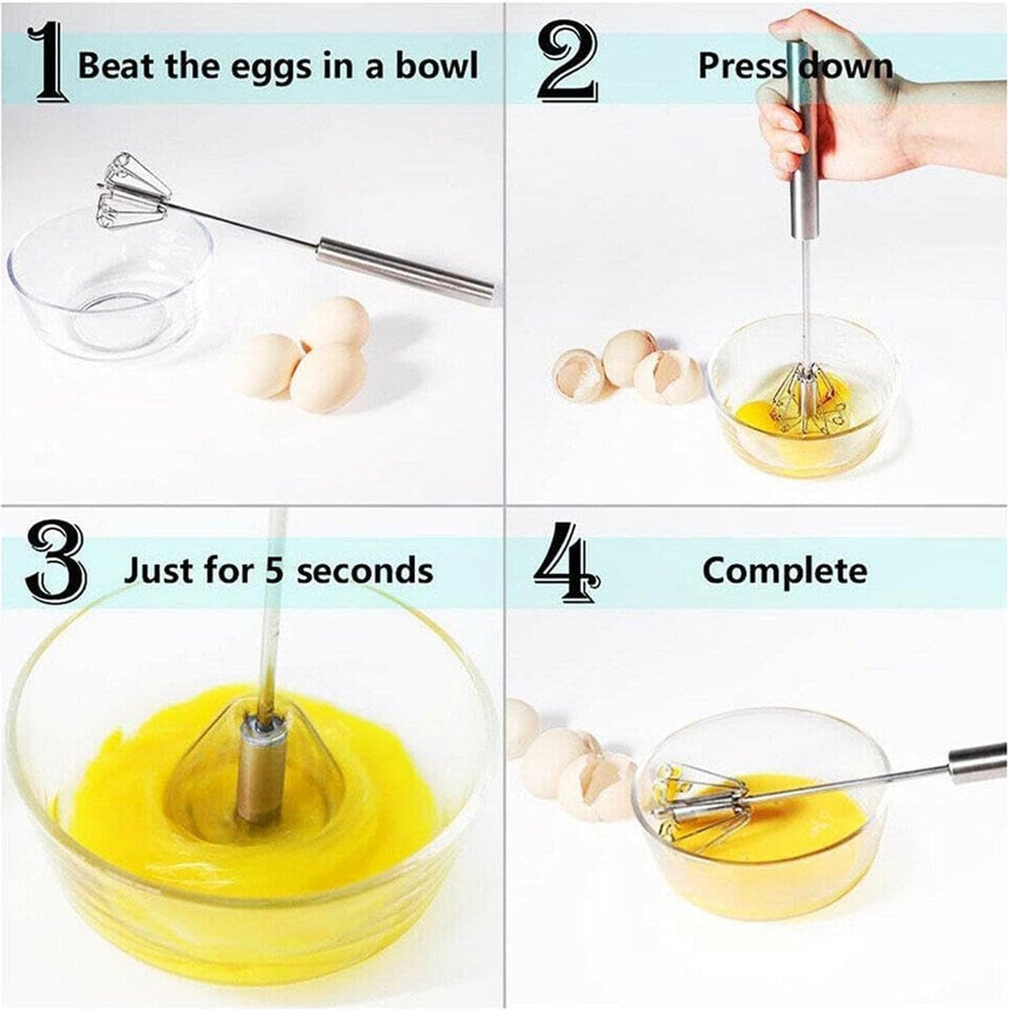 Stainless steel egg whisk handle and head, emphasizing its quality build.