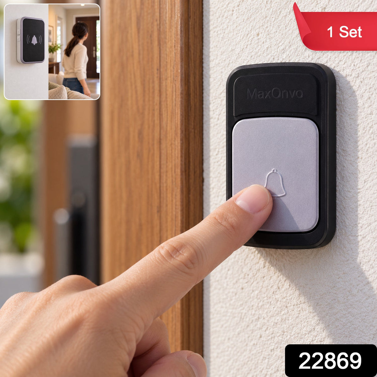 A person's finger presses the grey square button of a black doorbell unit mounted on a textured white wall next to – view 9