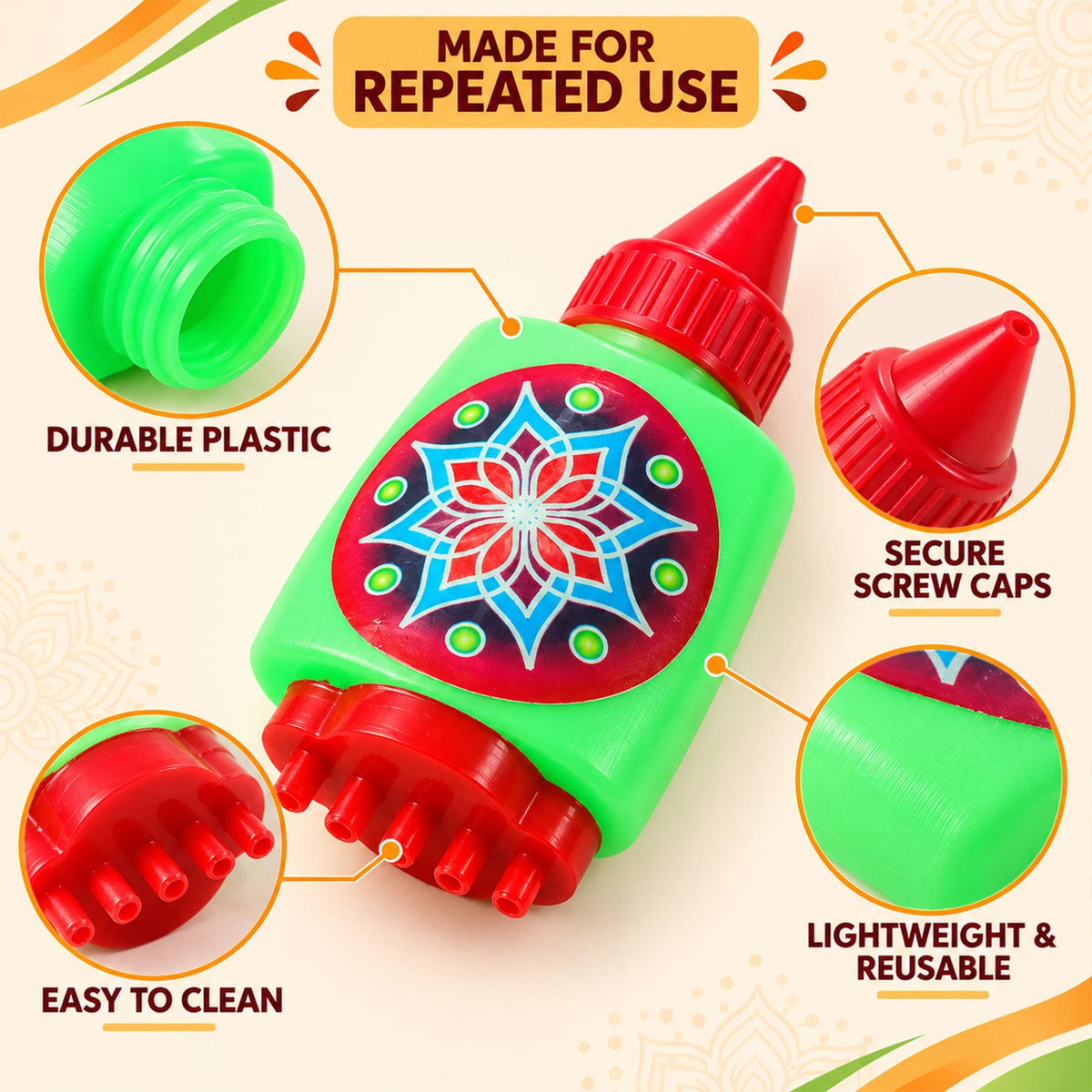Plastic Rangoli Colour Filling Bottles with Nozzle and Dot Stamp (6 Pc)