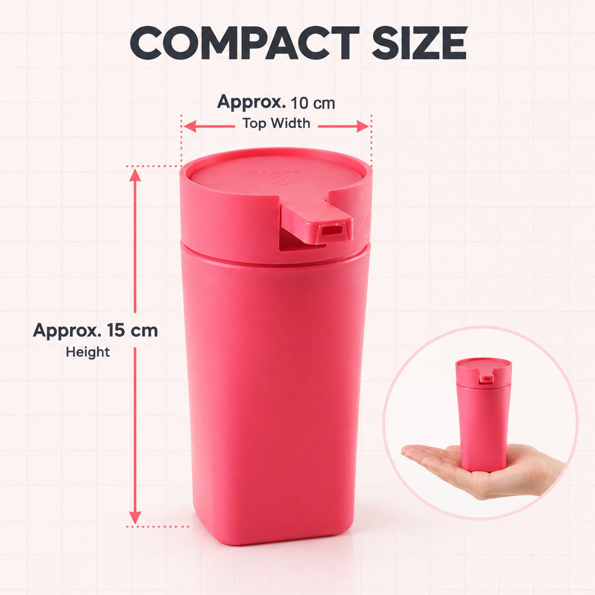 A pink rectangular dispenser with a flat top is shown with approximate dimensions of 15 cm height and 10 cm top width.