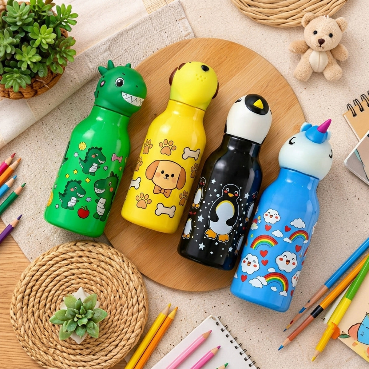 Kids Animal Water Bottle with 3D Character Cap and Printed Design (1 Pc, Mix Design)