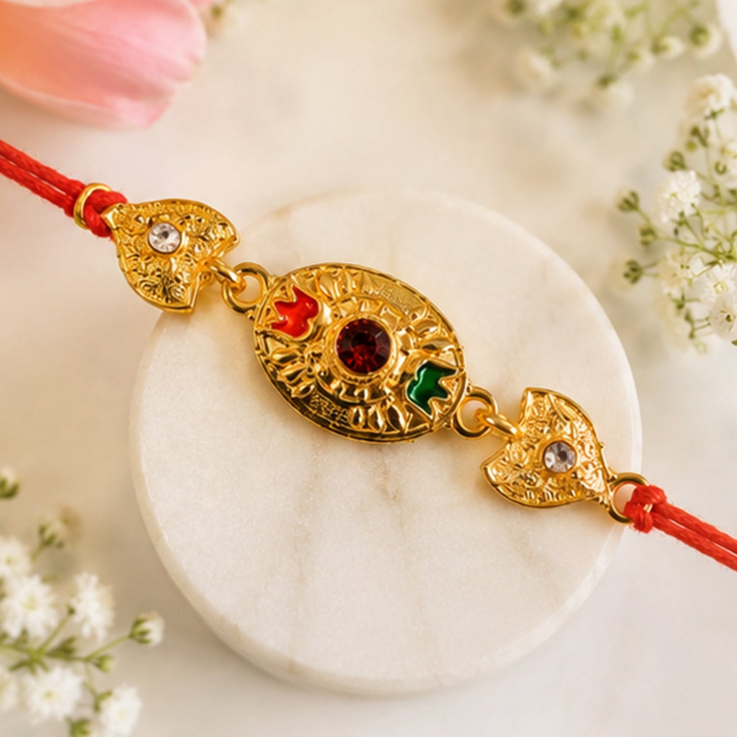 Close-up of vibrant ruby and emerald stone embellishments on handcrafted Rakhi