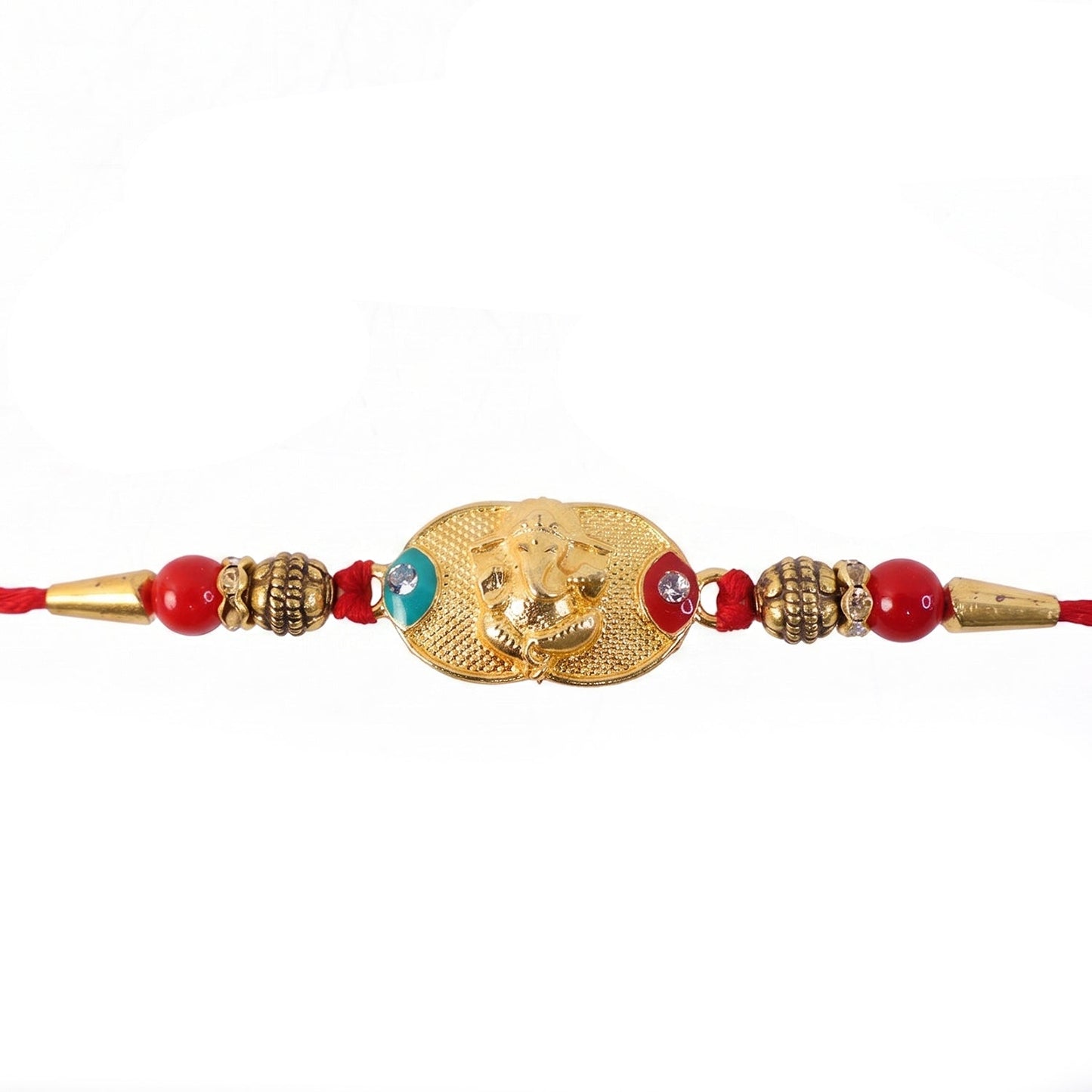 Golden Ganesh Rakhi featuring stylish beaded design